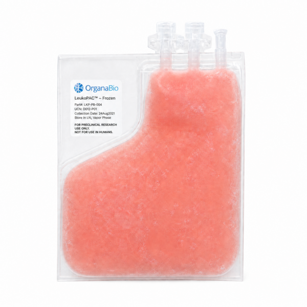 OrganaBio LeukoPAC-FRZN cryopreserved frozen leukopak from healthy adult peripheral blood, stored in LN2 vapor phase