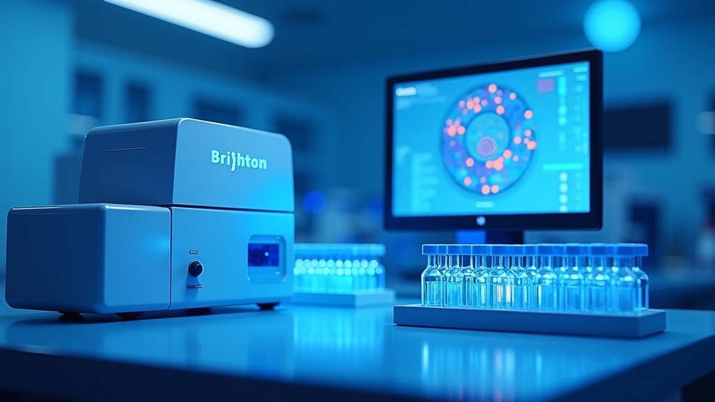 A photoreal laboratory bench with a flow cytometer, racks of cryopreserved sample vials and a lit monitor showing scatte