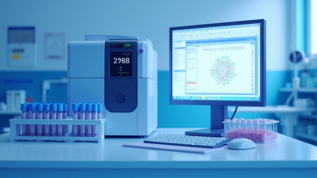A photoreal immunology laboratory with a haematology analyser printing a differential count, sample tubes in a rack and
