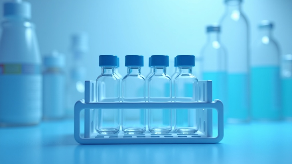 A row of labelled-blank sample vials in a chilled rack, one lifted slightly, clinical background softly out of focus.