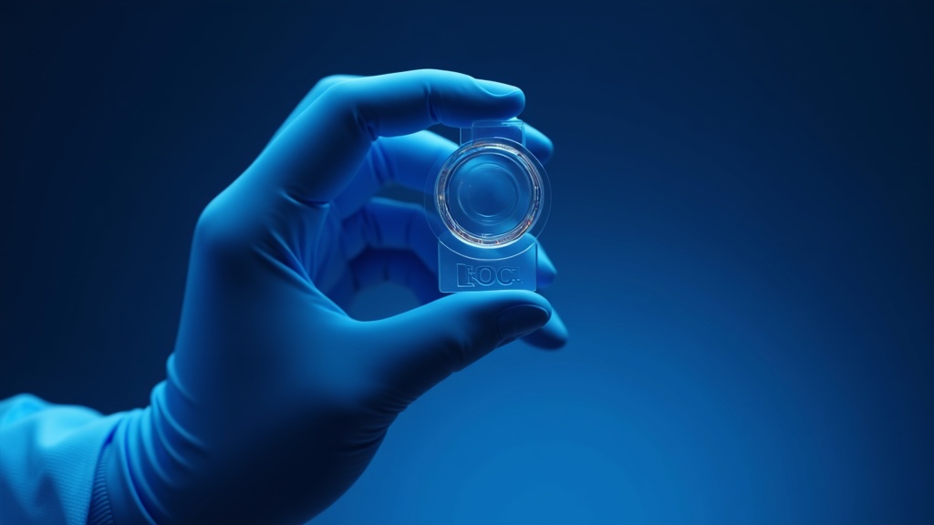 A sequencing flow cell or sample chip held in a gloveless hand above a bench, iridescent surface catching light, dark ba