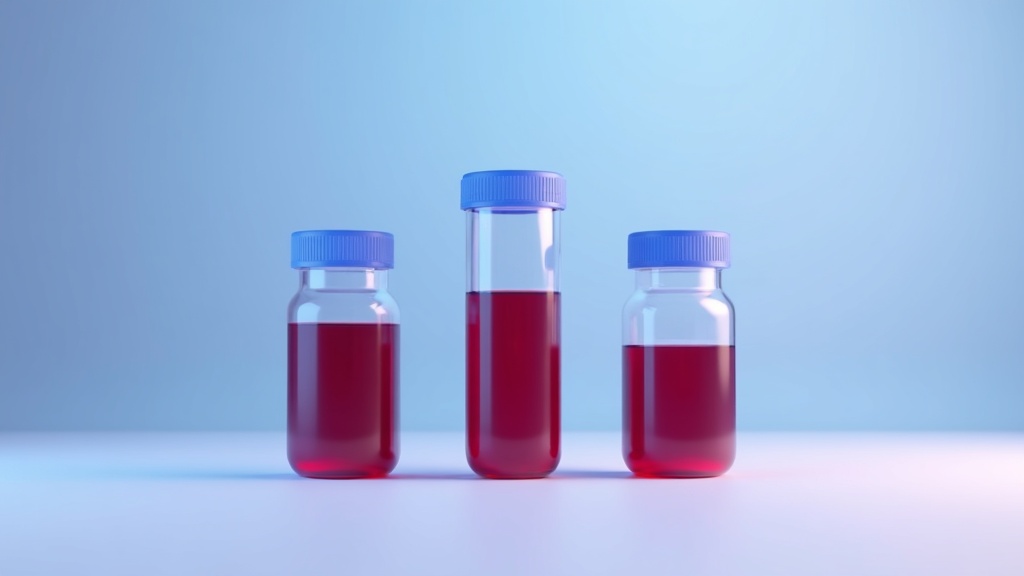 Three blood collection containers of different sizes arranged in a row on a pale surface, even overhead light, contents