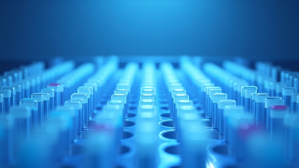 A grid of small sample positions in a chilled rack seen straight on, several positions occupied, cool even illumination.