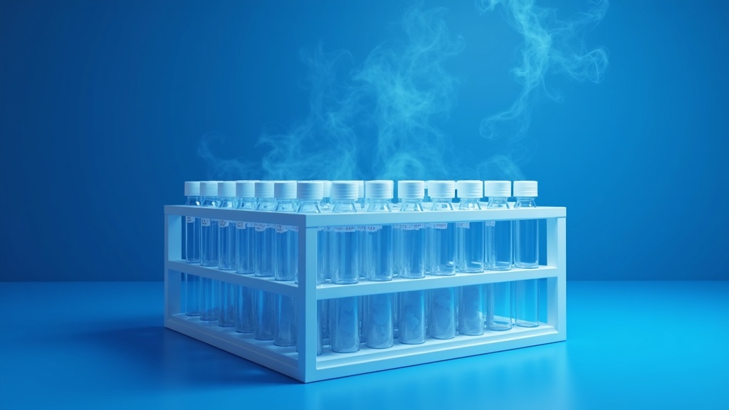An organised cryogenic storage rack pulled partly open showing rows of labelled-blank vials, cold vapour drifting across