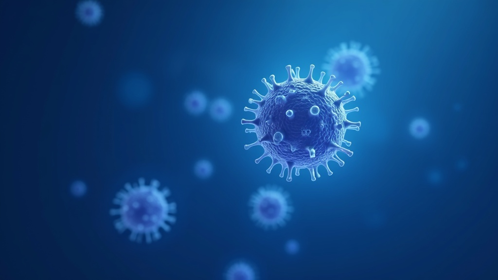 A pale immune cell in close render contacting a larger rounded target cell, deep navy background, bright contact interfa