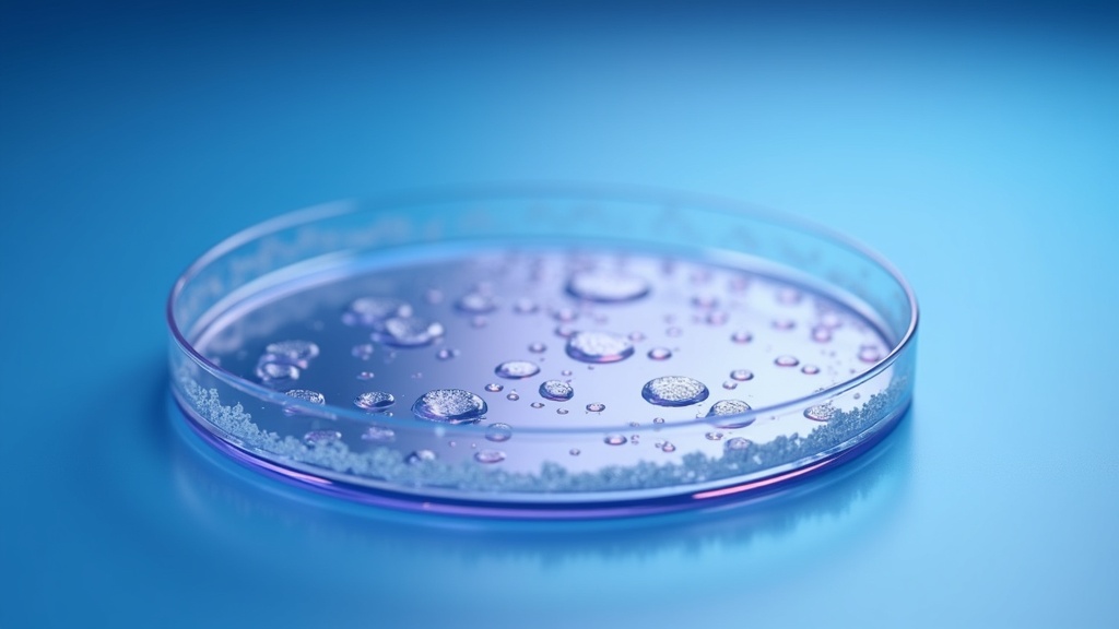 A tissue culture plate viewed at a low angle with adherent cells faintly visible on the surface, warm laboratory light.
