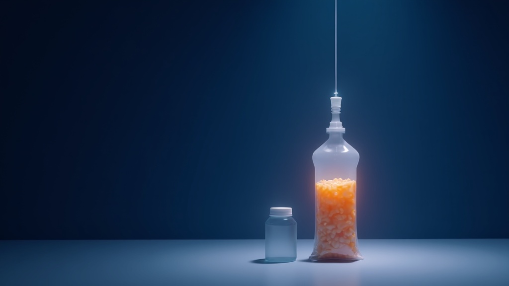 A single apheresis collection bag suspended against a dark background, warm light passing through the straw-coloured con