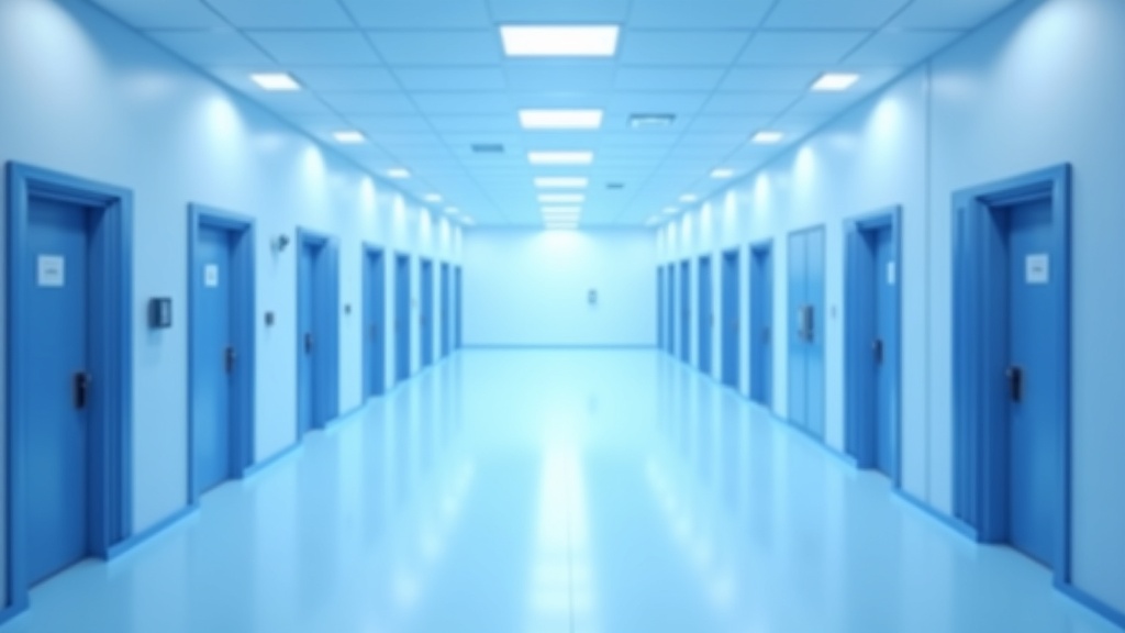 A wide clean corridor of a cell manufacturing facility with sealed suite doors along one side, cool even light, no signa
