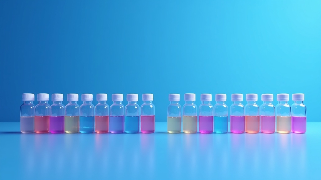 Two identical sets of sample vials arranged in mirrored rows on a bench, even lighting, one row slightly forward of the