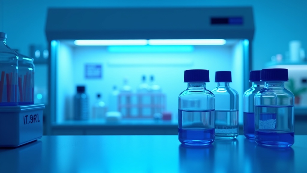 A photoreal cell therapy laboratory with a biosafety cabinet, culture flasks and a cryogenic vial rack, cool blue-white
