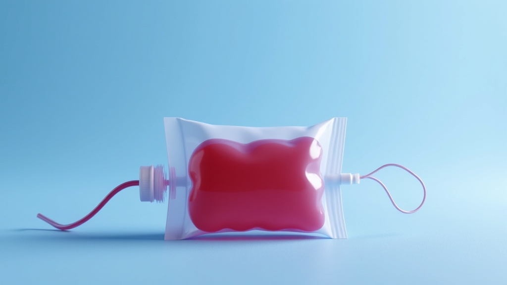 A sealed cord blood collection bag lying flat on a clean surface, soft daylight, contents a deep translucent red.