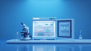 A photoreal tissue culture suite with an incubator door open showing culture plates, a microscope and sterile consumable