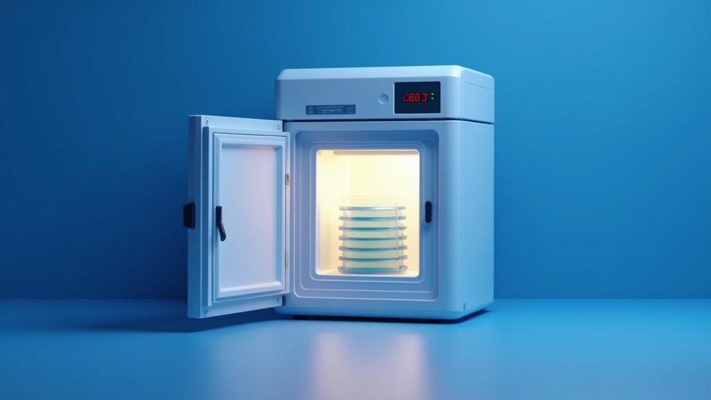 A laboratory incubator door partly open with culture plates stacked inside, warm interior light spilling out, cool surro