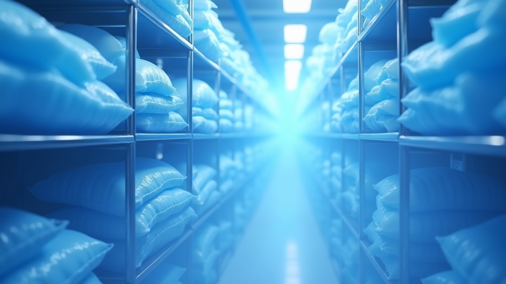 A photoreal cryogenic storage facility with vapour-phase liquid nitrogen vessels, a lifted rack of frozen bags and cold