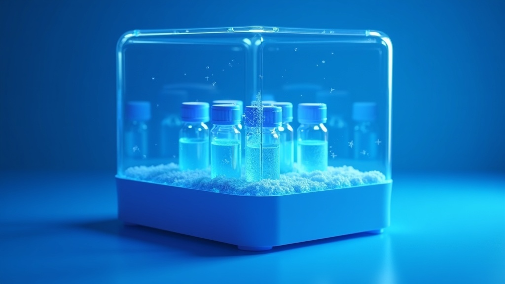 A controlled-rate freezing chamber with a rack of vials inside, frost forming on the interior surfaces, cold blue light.