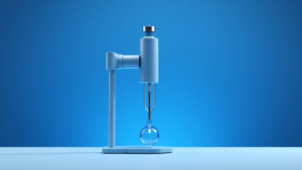 A magnetic separation column mounted in a stand with a collection tube beneath, clean bench surface, precise directional