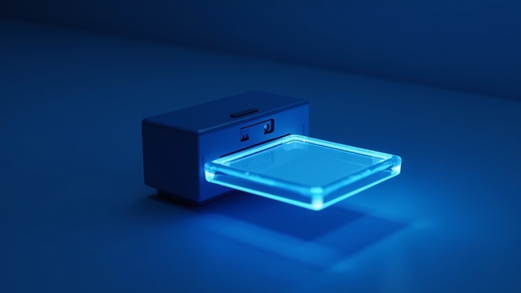 A microplate reader interior with a plate partially inserted, faint glow from the optics, dark instrument housing.
