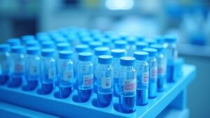 A photoreal laboratory bench with matched sets of labelled cryovials and plasma tubes arranged in parallel rows in a chi