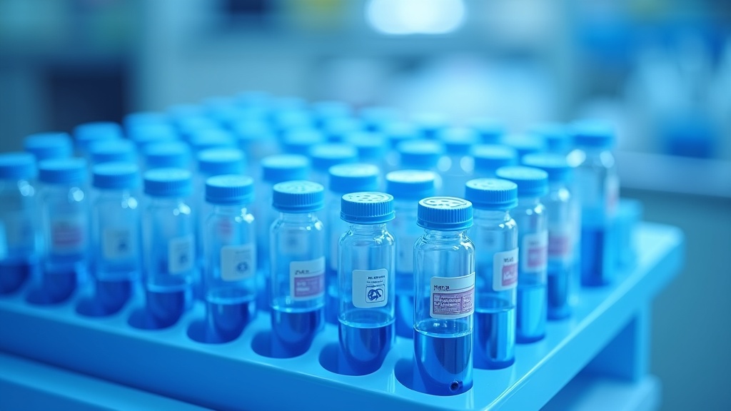 A photoreal laboratory bench with matched sets of labelled cryovials and plasma tubes arranged in parallel rows in a chi