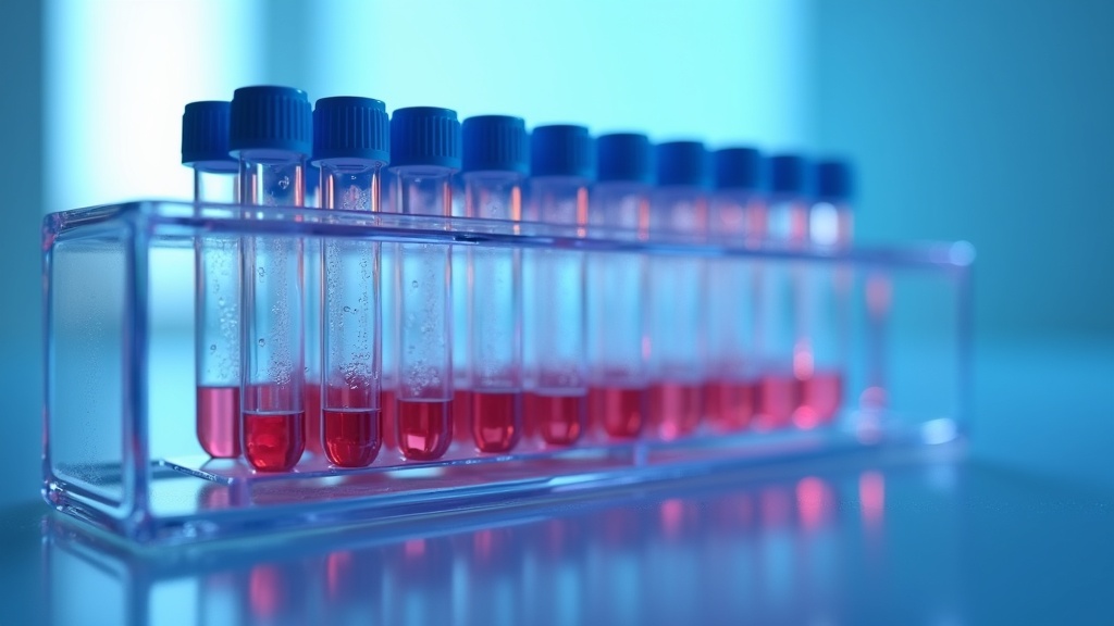 A rack of sealed blood collection tubes under even laboratory lighting, condensation on the glass, background softly def
