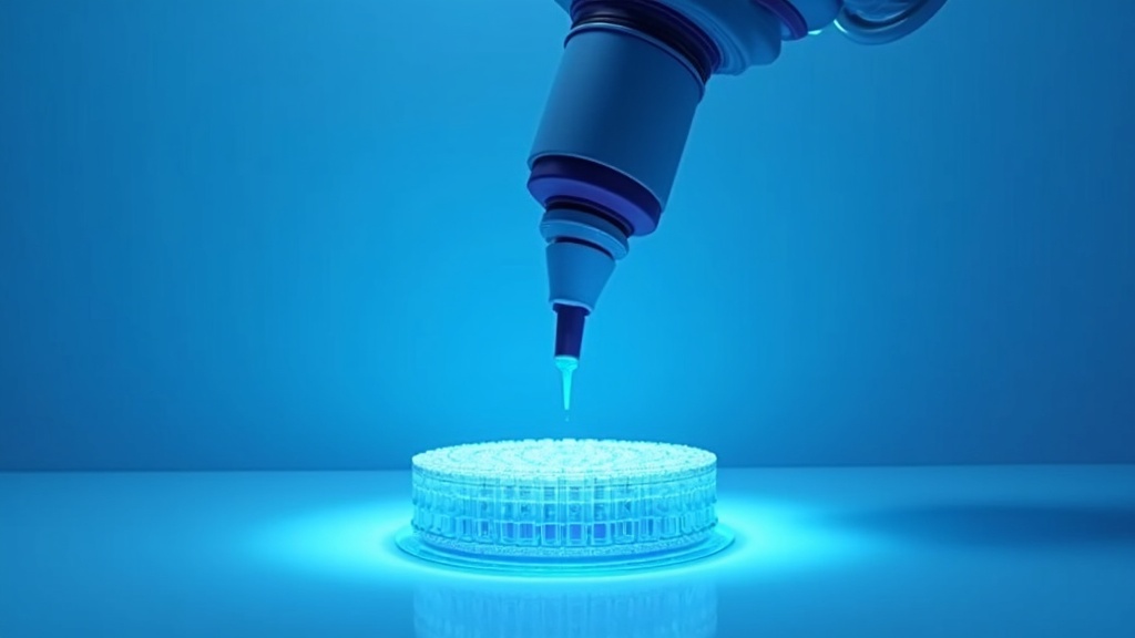 A robotic pipetting head poised above a dense microplate, precise mechanical detail, cool laboratory lighting.
