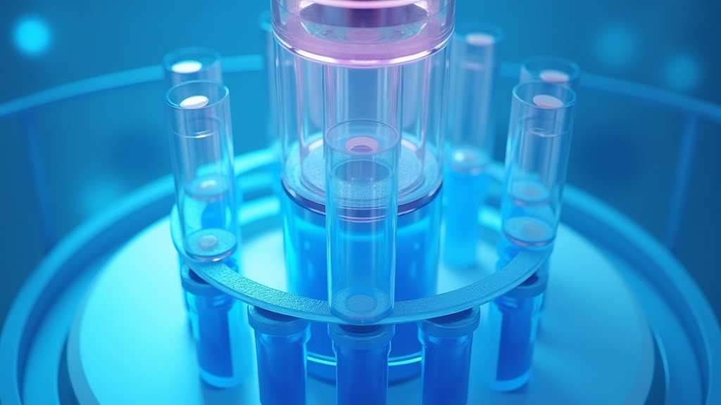 A centrifuge rotor seen from above holding several tubes with visible separated layers, cool overhead lighting.
