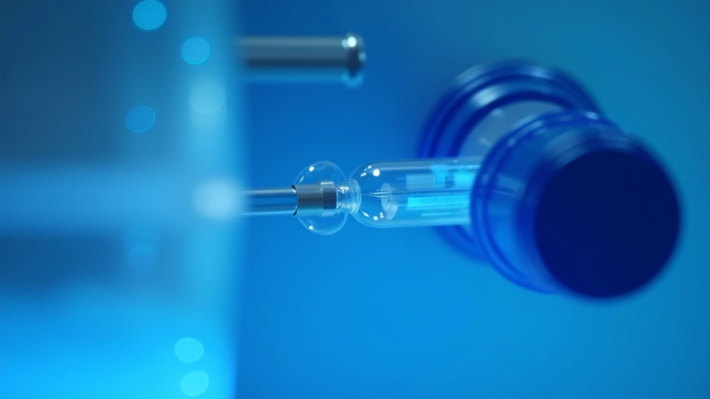 A close view of a flow cytometer fluidics inlet with a sample tube seated, cool instrument lighting and reflective surfa