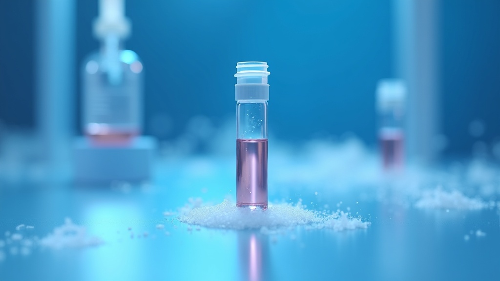 Cryogenic vial of cell suspension in a frosted rack with nitrogen vapour and a collection bag behind