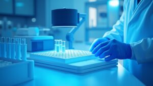 A photoreal laboratory with a multiplex assay plate under a reader, gloved hands adjusting a rack of sample tubes, clean