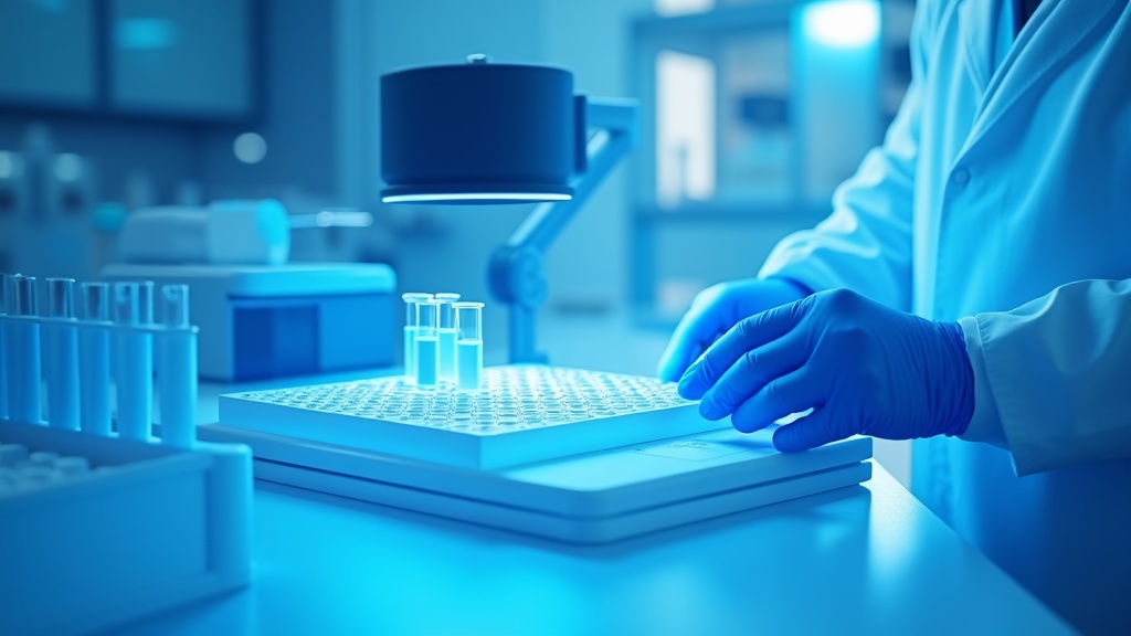 A photoreal laboratory with a multiplex assay plate under a reader, gloved hands adjusting a rack of sample tubes, clean