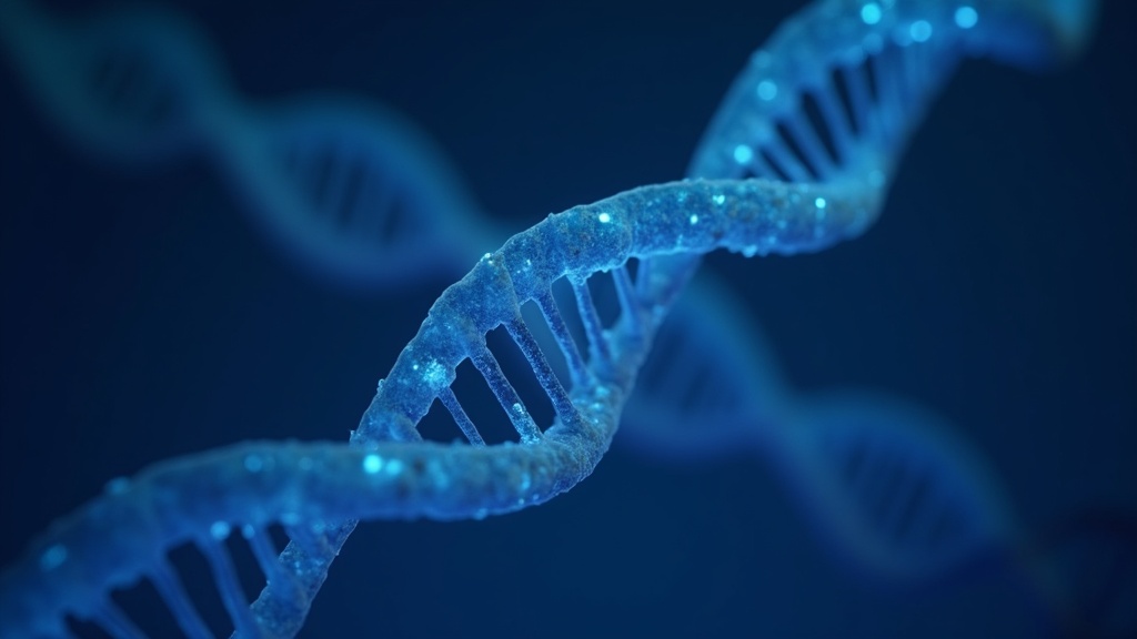 Two overlapping translucent data ribbons of paired coloured bands aligning against a dark background, suggesting genetic