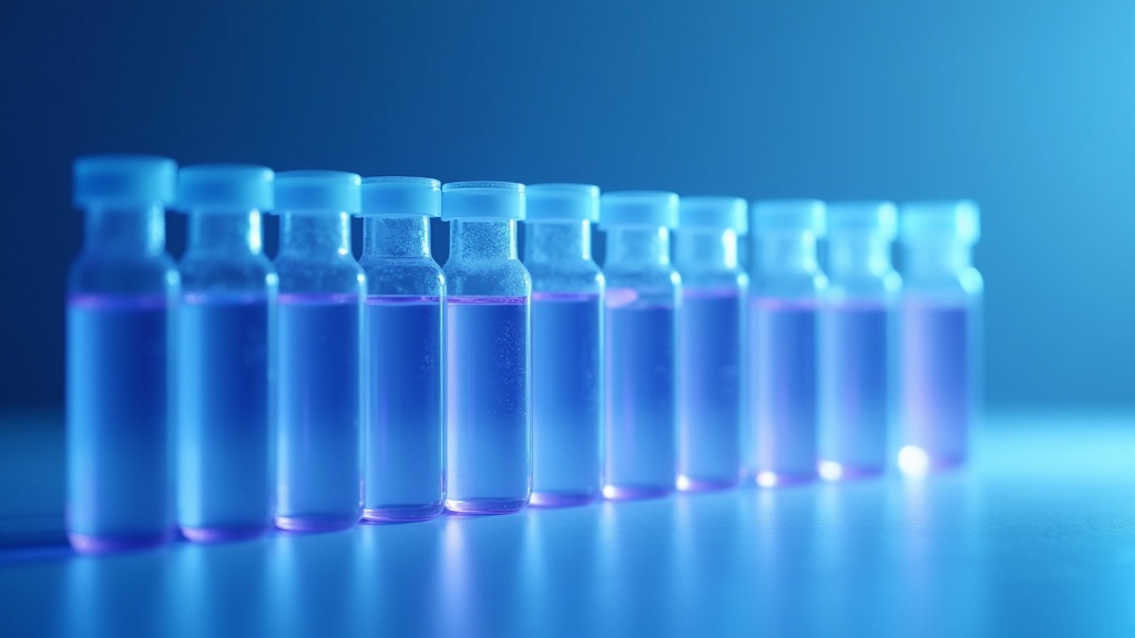 A row of identical cryogenic vials of pale cell suspension standing on a cold metal bench, one vial lifted slightly forw