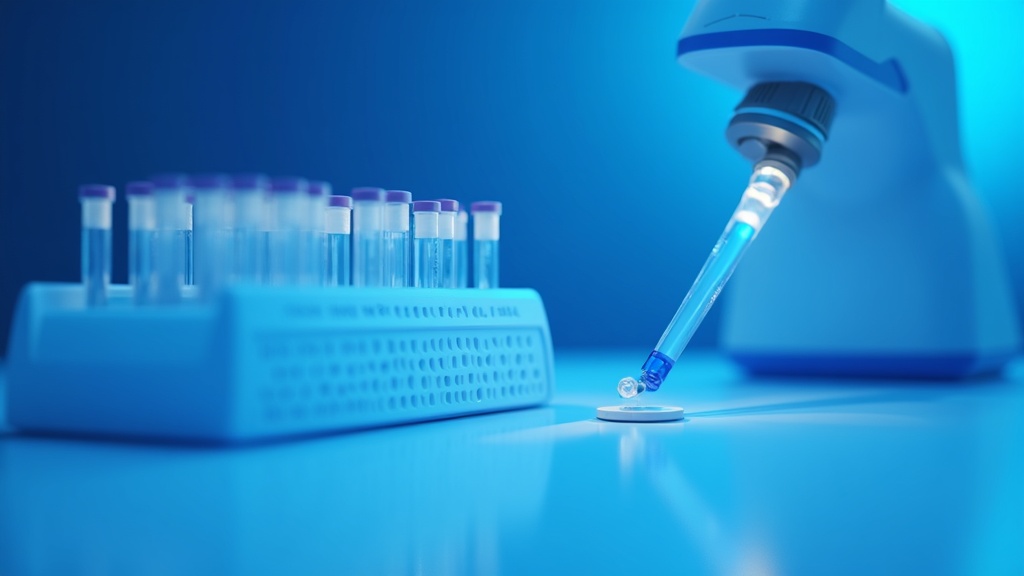 A flow cytometer sample loading port in close focus with a rack of prepared tubes beside it, clean instrument surfaces,