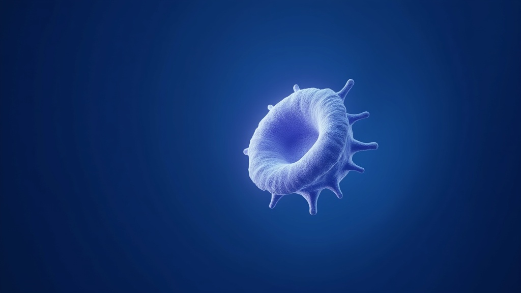 A dark field microscopy style render of one pale immune cell contacting a larger target cell, a bright rim forming at th