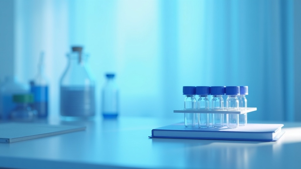 A neutral laboratory bench with a chilled vial rack and a closed notebook, cool daylight from one side, background defoc