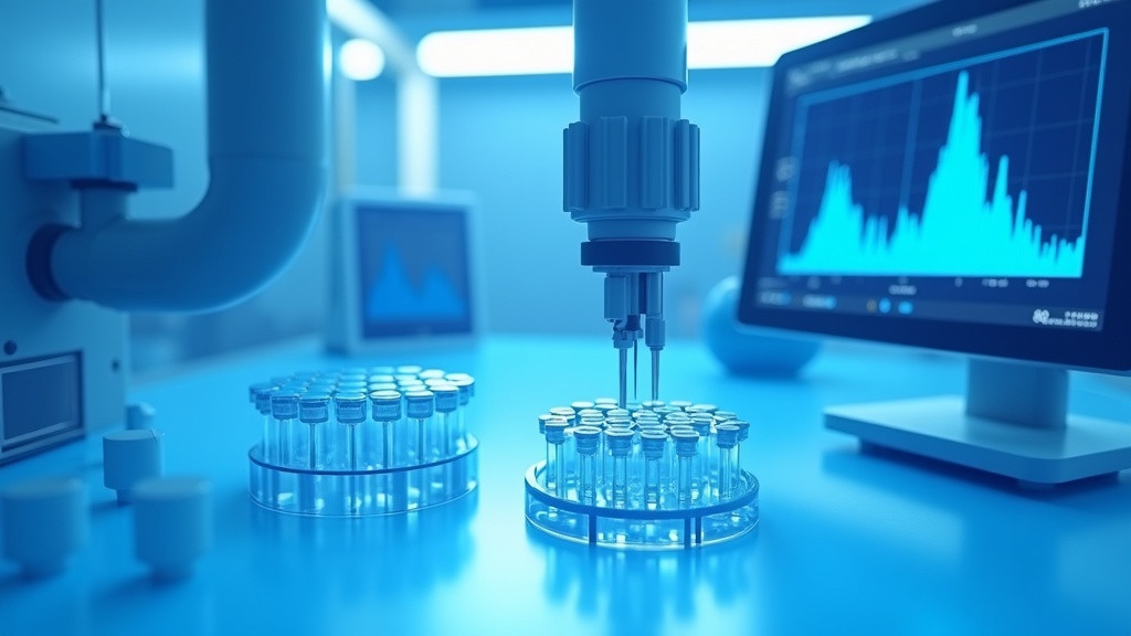 A photoreal laboratory with a liquid handling robot, microplates and a monitor displaying assay curves, cool blue-white
