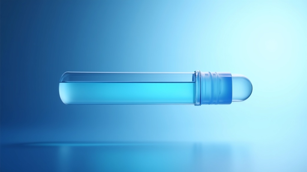 A density gradient tube held against soft light showing a distinct pale interface band between two clear layers.