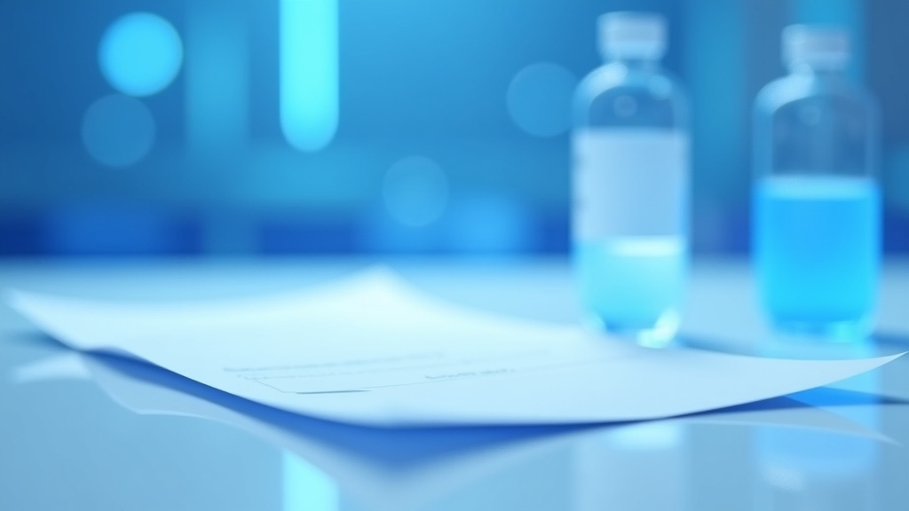 A printed analytical document lying on a laboratory bench beside a frosted cryogenic vial, shallow depth of field, the p
