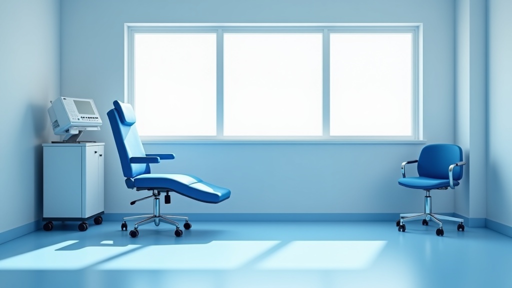An empty apheresis collection chair beside idle equipment in a quiet clinical room, warm daylight through a window, no p
