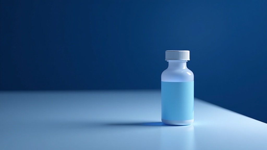 A pale sample vial standing on a clean surface beside a closed instrument panel, warm indirect light, dark background.