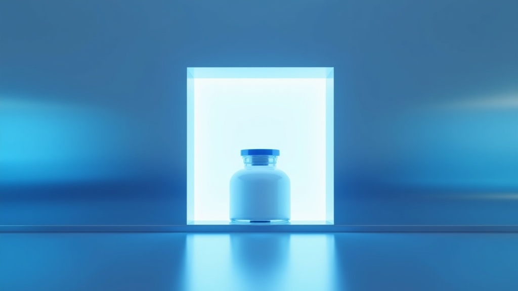 A cleanroom pass-through window with a sealed container inside, stainless surfaces, even diffuse lighting on both sides.