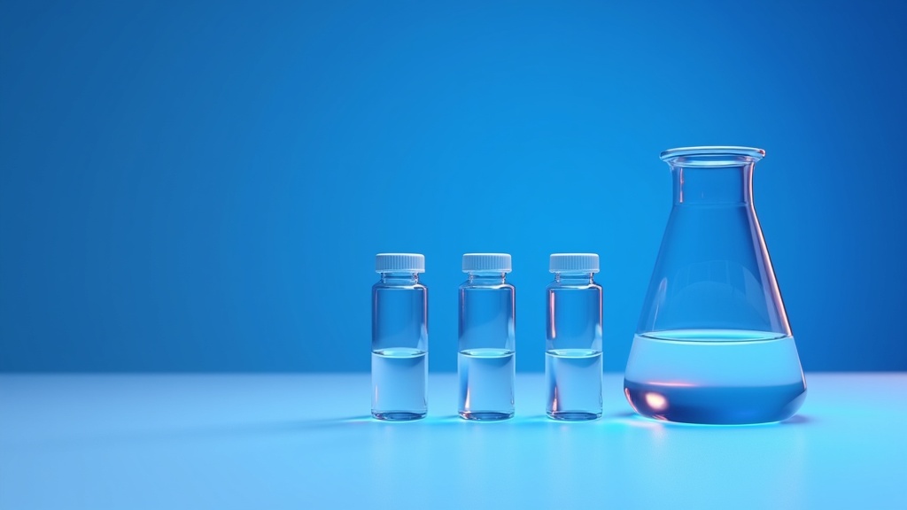 Four separate vials of pale cell suspension arranged in a row beside one larger flask, cool laboratory lighting, shallow