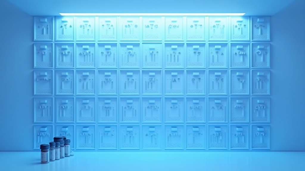 A wall calendar-like grid of empty cryo storage positions viewed straight on, some filled with vials, cool even light.