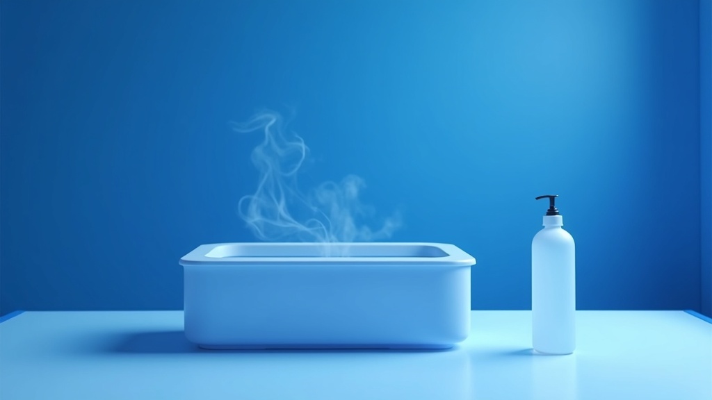 A gloved-free laboratory bench with a water bath and a single frosted cryovial resting beside it, steam rising faintly.