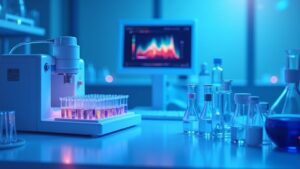 A photoreal laboratory with a gene expression analyser, sample plates in a chilled block and a monitor showing clustered