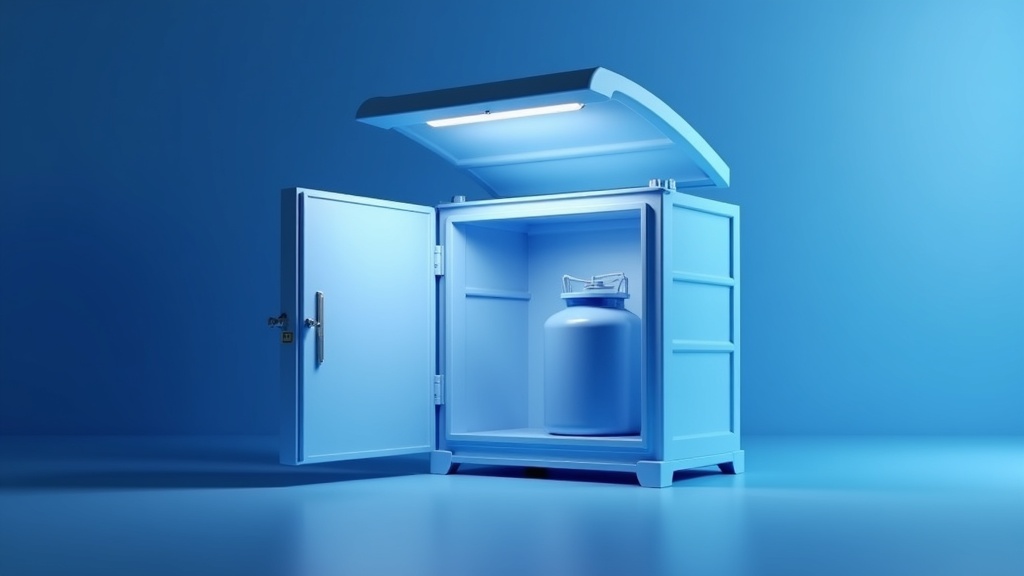 An insulated shipping container open on a bench with a dry vapour shipper canister inside, faint condensation, cool even
