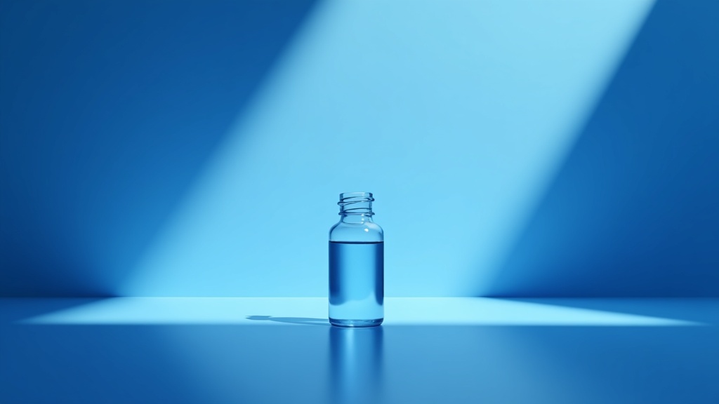 A single chilled vial standing upright on a reflective steel bench under a narrow beam of light, deep shadow around it.