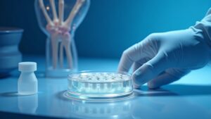 Gloved hand positioning a multi-well sample plate beside a frosted cryovial, with a translucent anatomical model of a human hand joint in the background, representing rheumatoid arthritis donor PBMC research
